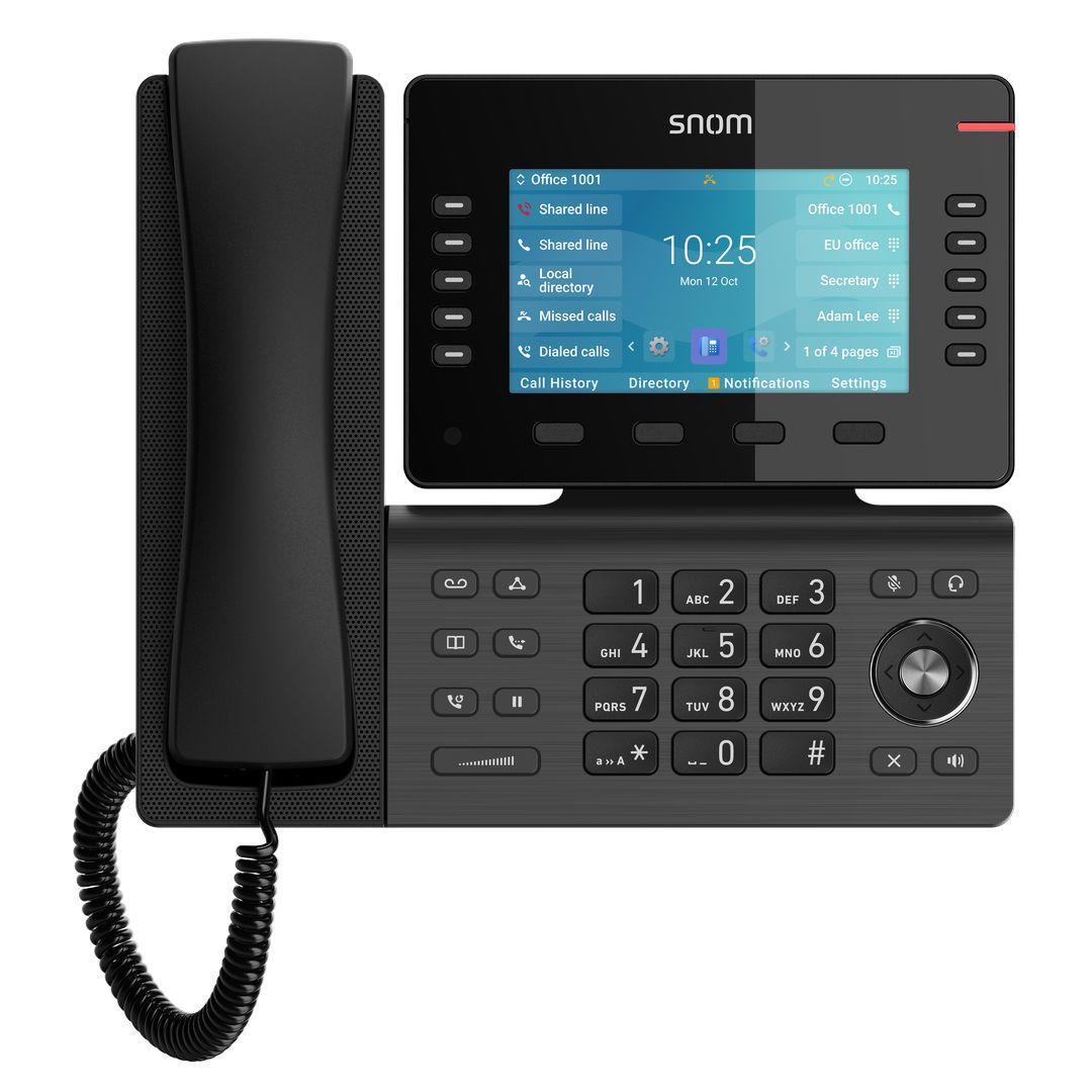Snom D865 IP-Tischtelefon in Gunmetal-Optik – Frontansicht mit 5-Zoll-Farbdisplay und programmierbaren Funktionstasten